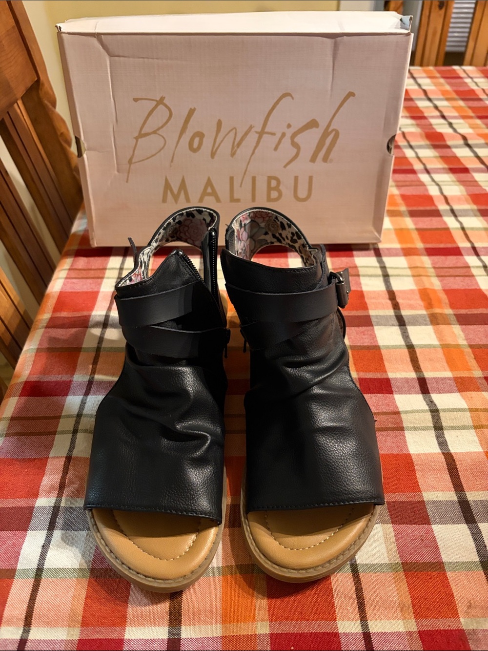 Blowfish Black Leather-Look Peep-Toe Wedge Sandals